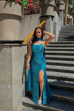 Charming Blue Strapless Sleeveless Pleated Long Prom Dress With Front Split