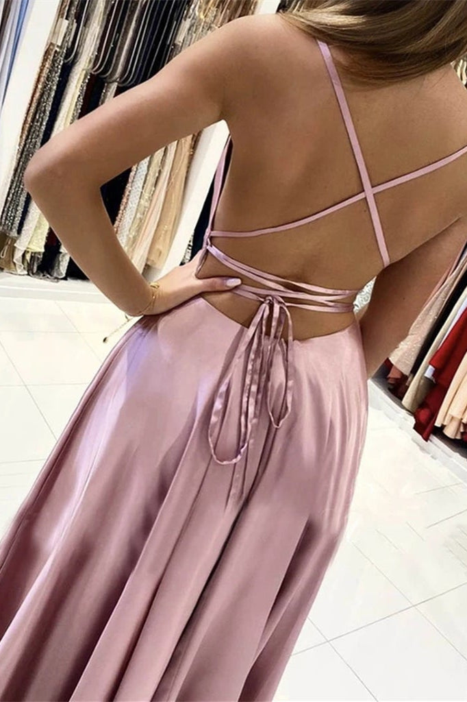 Pink Spaghetti Strap Sleeveless Backless Long Prom Dress With Front Split BMBRIDE