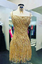 Sparkly Gold Spaghetti Straps Sequins Tight Short Hoco Dress with Fringes Bmbride