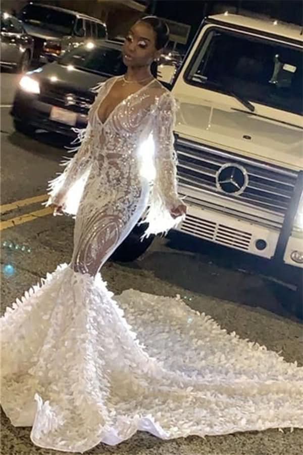 Long Sleeves Sexy Mermaid Prom Dress Sequins V-Neck BM bride