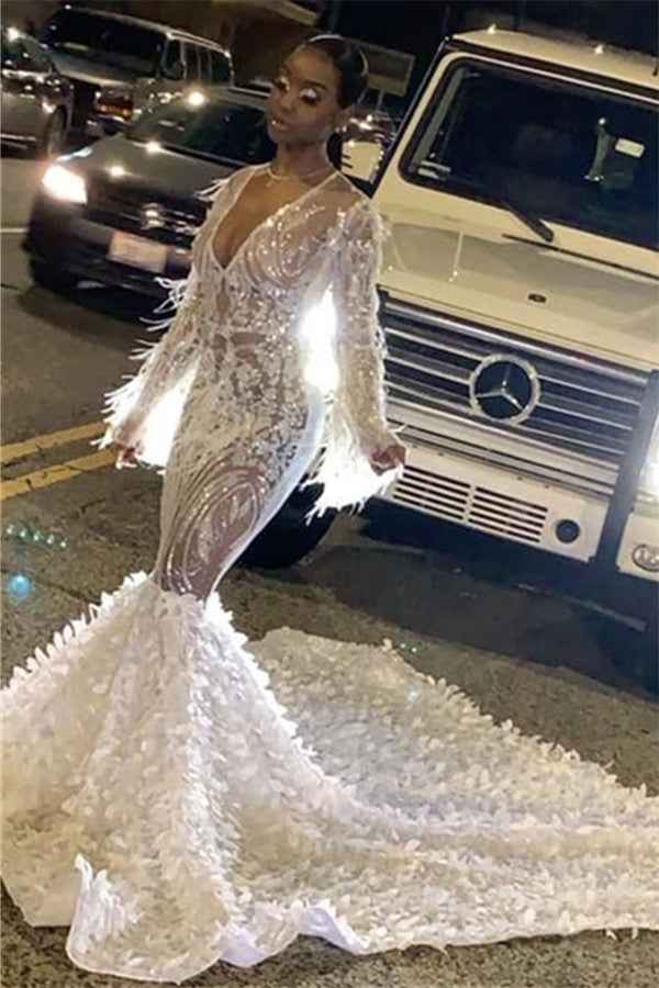 Long Sleeves Sequins Sexy Appliques Mermaid Prom Dress V Neck With Feather