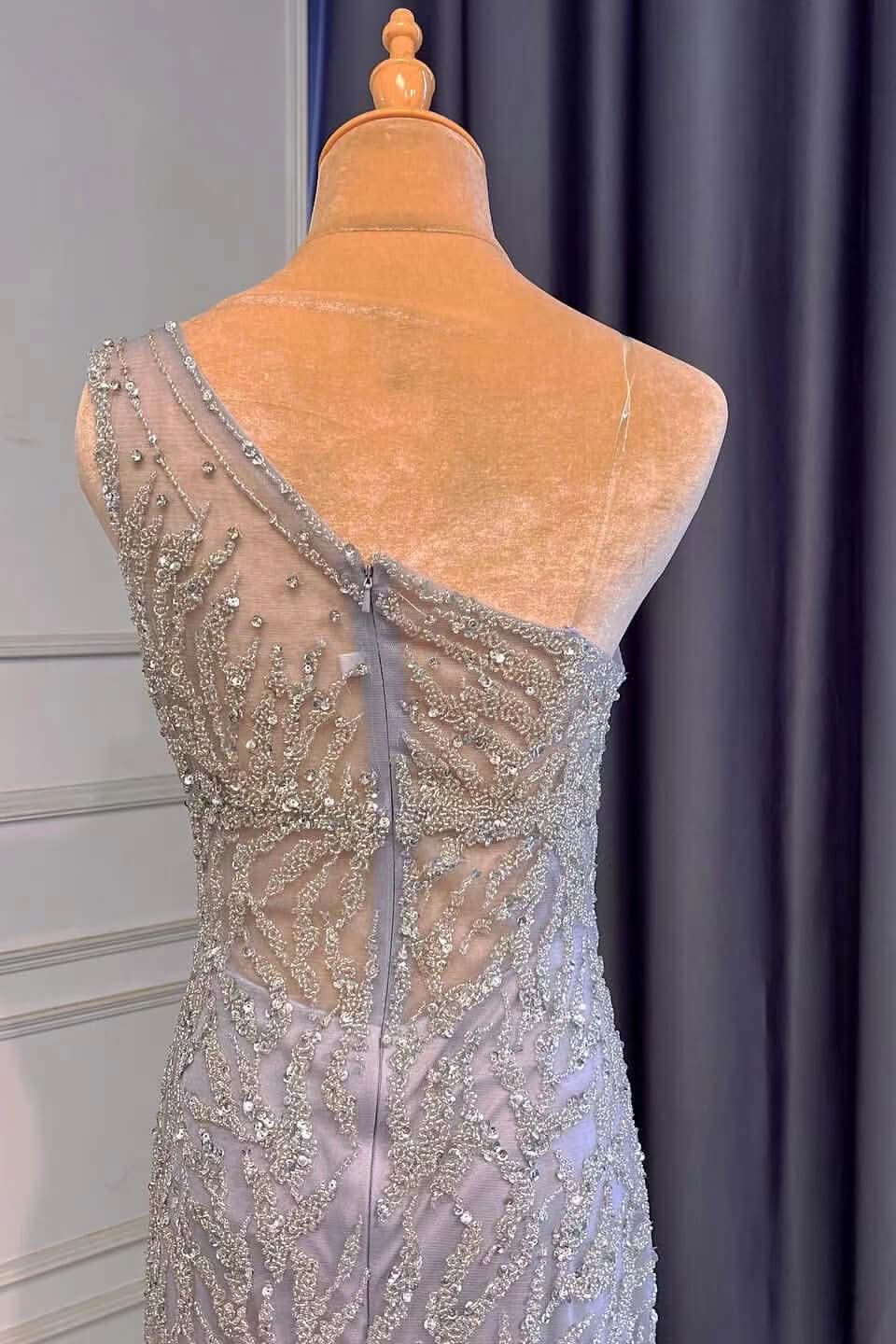 Light Purple Front Split One-Shoulder Beaded Mermaid Prom Dress with Long Ruffles BM bride