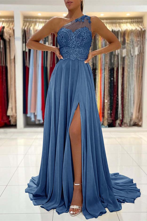 Glamorous One Shoulder Sleeveless Lace Appliques Prom Dress With Front Split BMBRIDE