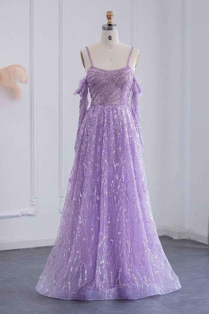 Pink Off the Shoulder A Line Prom Dress Long Sleeves Tulle With Sparkle Appliques