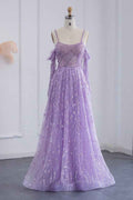 Pink Off the Shoulder A Line Prom Dress Long Sleeves Tulle With Sparkle Appliques