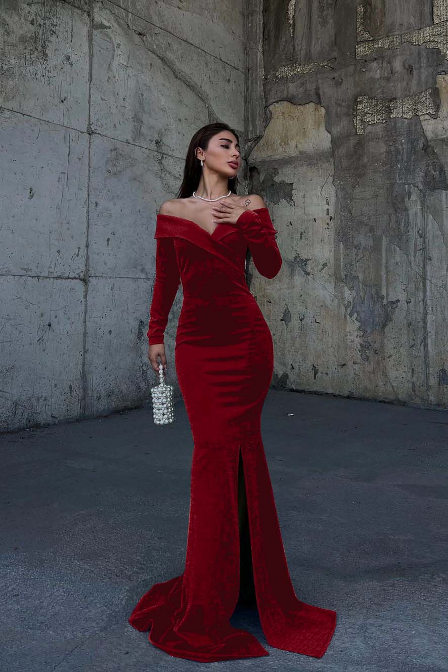 Off the Shoulder Long Sleeves Split Long Prom Dress With Pleated BMBRIDE