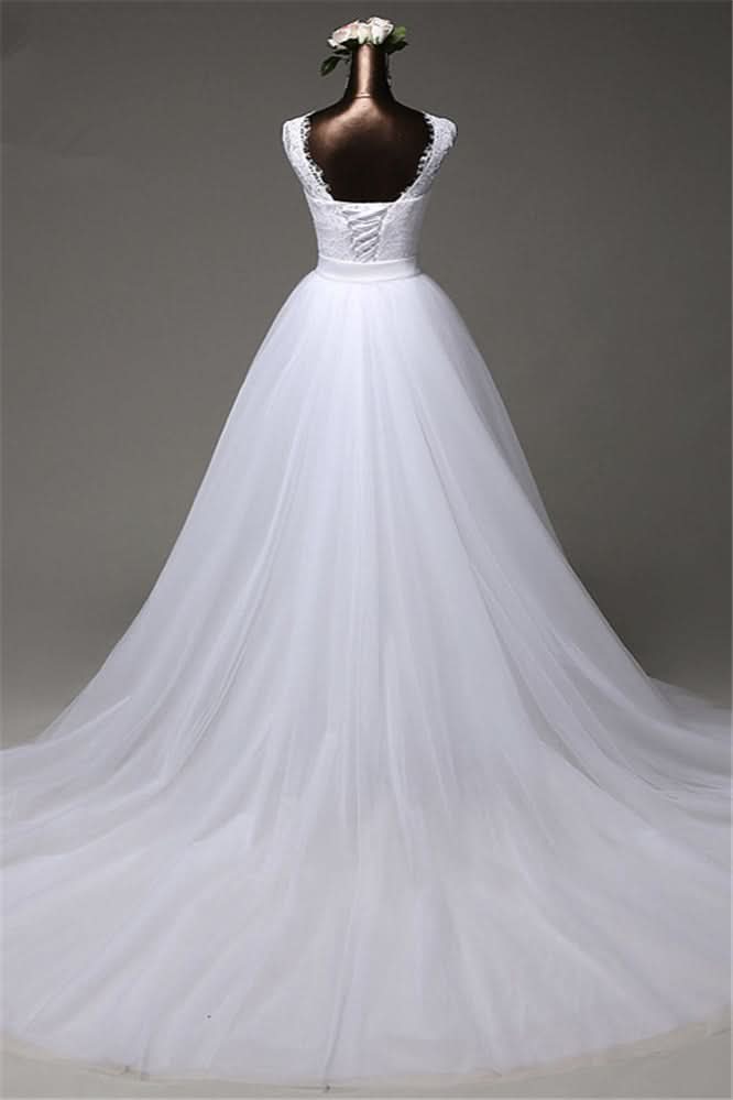 Jewel Sleeveless Lace Long Wedding Dress With Tulle Overskirt BM bride