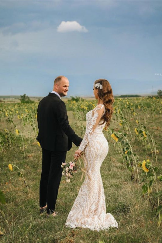 Illusion Long Sleeve Mermaid Lace Wedding Dress Online BM bride
