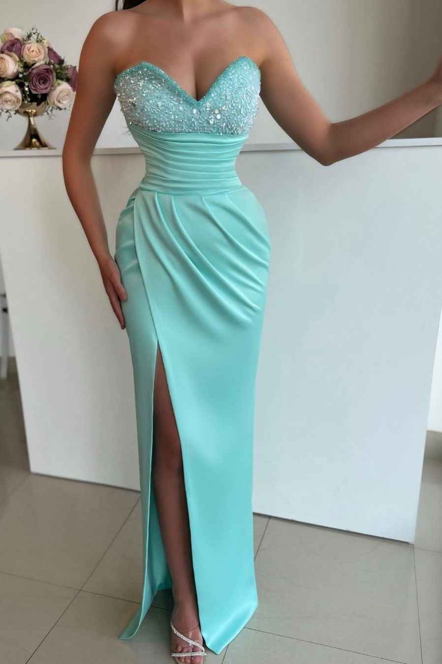 Sweetheart Sleeveless Light Blue Prom Dress Front Split With Beads