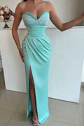 Sweetheart Sleeveless Light Blue Prom Dress Front Split With Beads