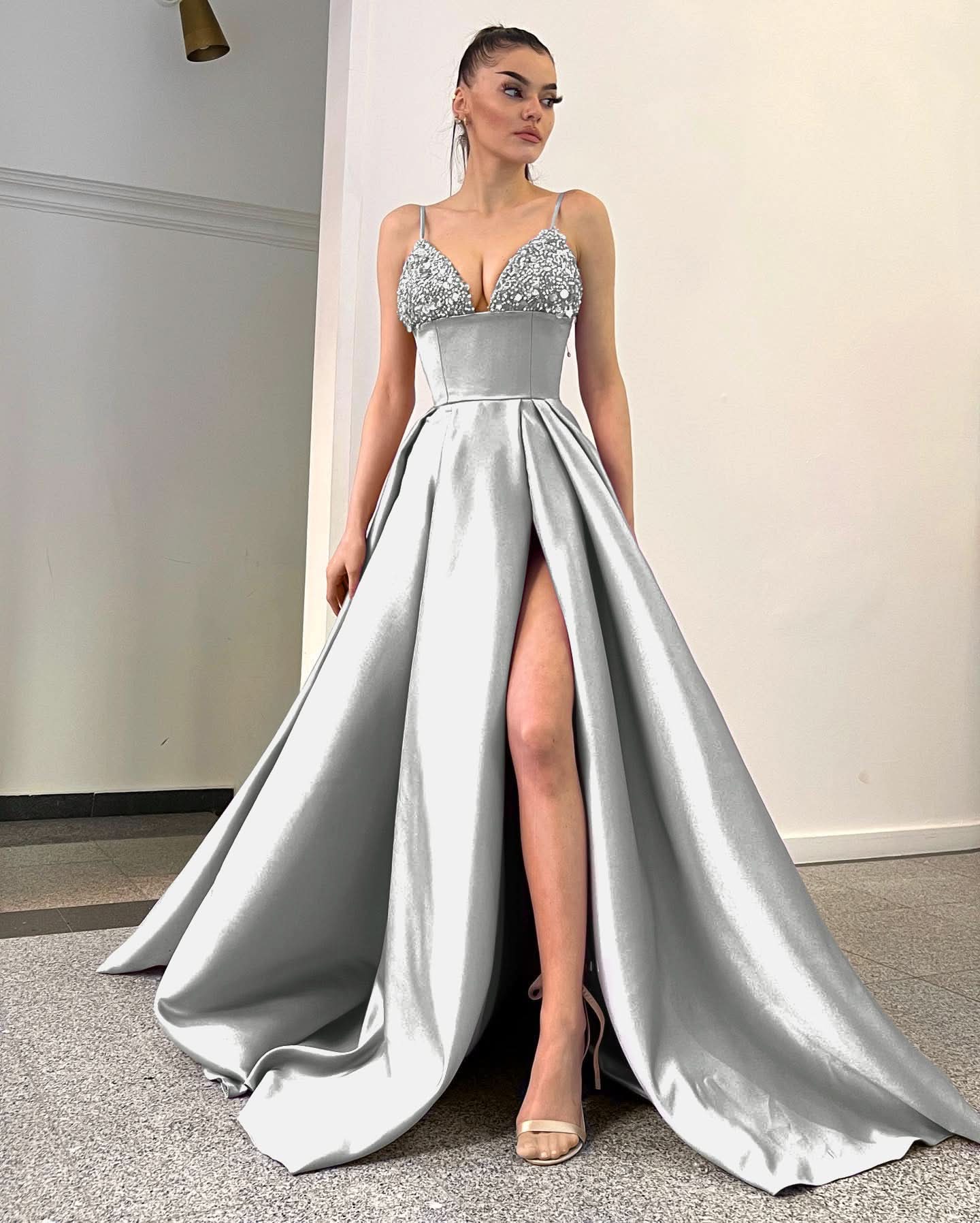 Lavender Spaghetti-Straps Sequins A-Line Evening Dress with Split BM bride