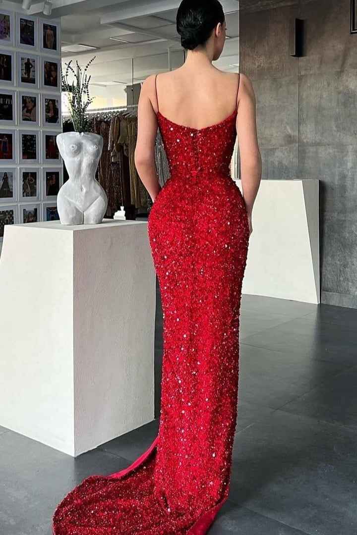 Red Split Spaghetti Strap Sleeveless Mermaid Prom Dress With Sequins