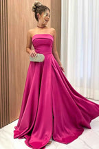 Chic Strapless Sleeveless A Line Long Prom Dress With Front Split