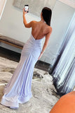 Sparkly Light Lilac Halter Satin Mermaid Long Prom Dress with Beading BM bride