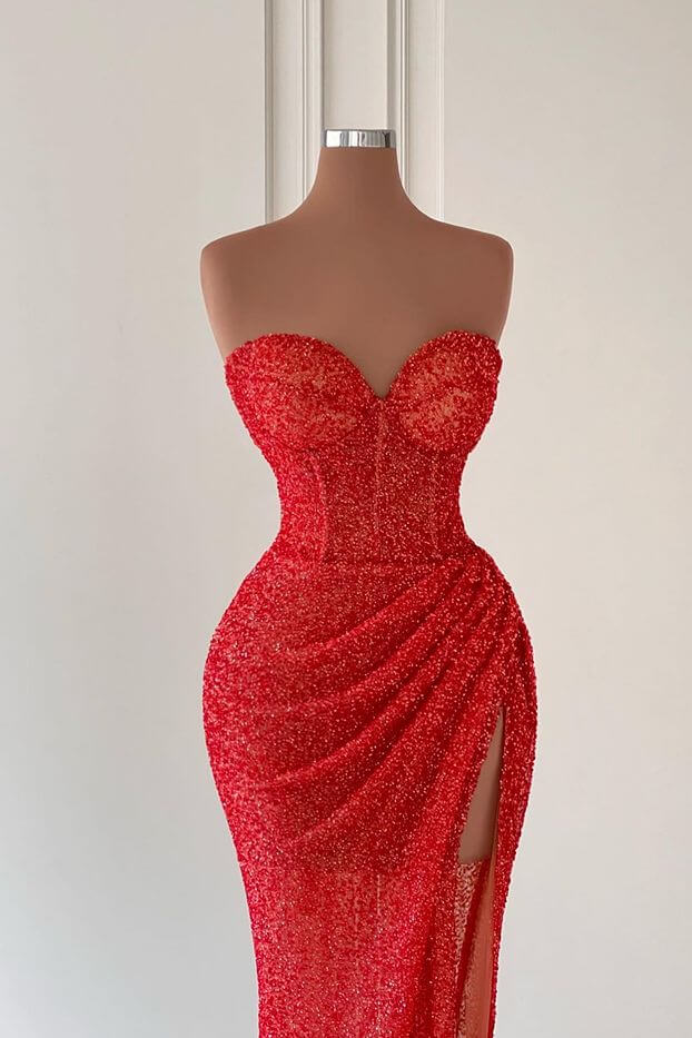 Red Sweetheart Sleeveless Long Mermaid Sequins Prom Dress With High Split BMBRIDE