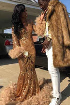 Long Sleeves Mermaid Prom Dress Trumpet With Appliques Feathers