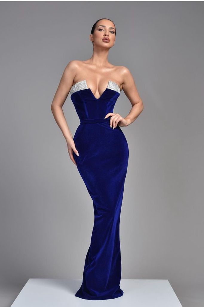 Royal Blue Sleeveless V Neck Samt Evening Dress BM bride