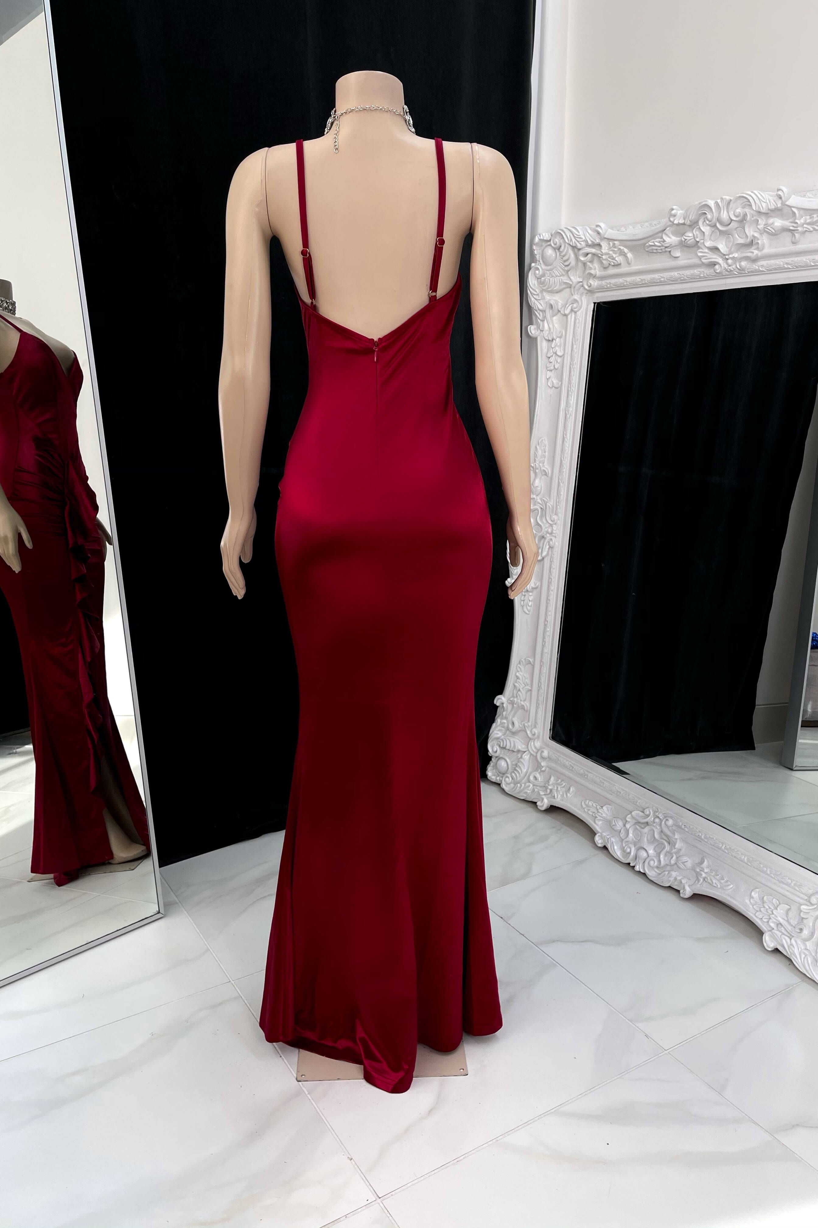 Burgundy Spaghetti Strap Pleated Prom Dress with Sleeveless and Side Slit BM bride