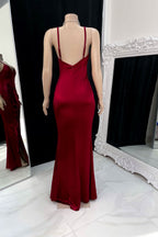 Burgundy Spaghetti Strap Pleated Prom Dress with Sleeveless and Side Slit BM bride