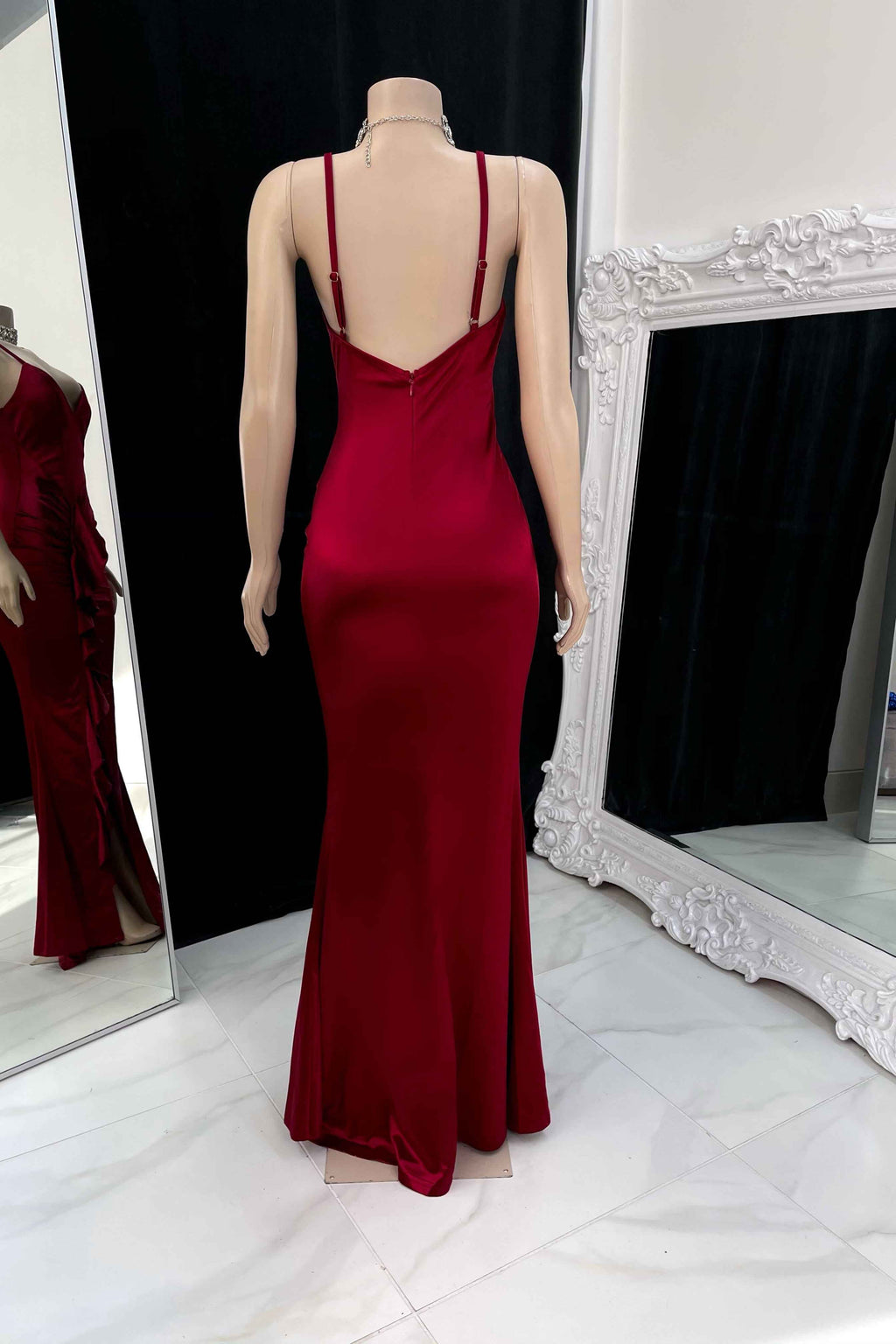 Prom Dress Burgundy Gown Spaghetti Strap Sleeveless Pleated Side Slit
