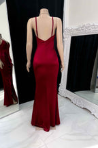 Prom Dress Burgundy Gown Spaghetti Strap Sleeveless Pleated Side Slit