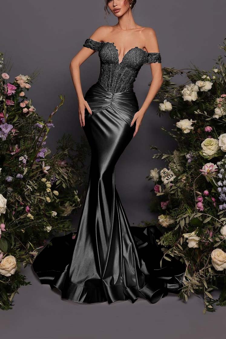 Off The Shoulder Sleeveless Long Mermaid Prom Dress With Pleated BMBRIDE