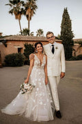 BC5797 Straps V-neck Appliques A-line Beach Wedding Dress with Stylish Look BM bride