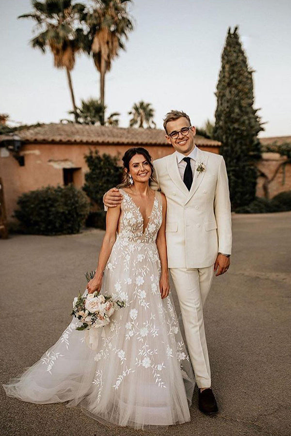 BC5797 Straps V-neck Appliques A-line Beach Wedding Dress with Stylish Look BM bride