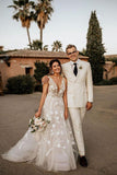 BC5797 Straps V-neck Appliques A-line Beach Wedding Dress with Stylish Look BM bride