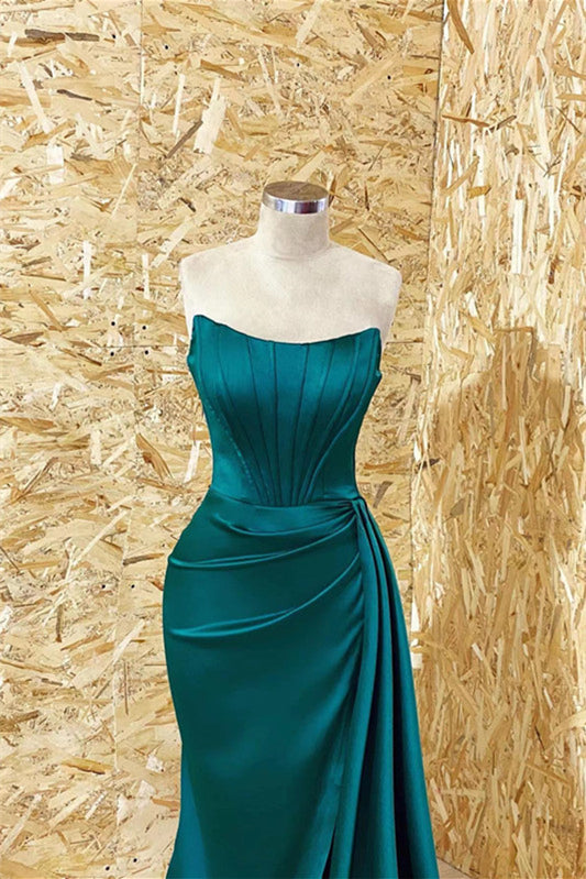 Gorgeous Dark Green Strapless Long Mermaid Prom Dress with Pleated Ruffles BM bride