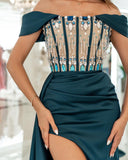 Strapless Sleeveless Prom Dress with Rhinestone and Long Side Slit Trail BM bride