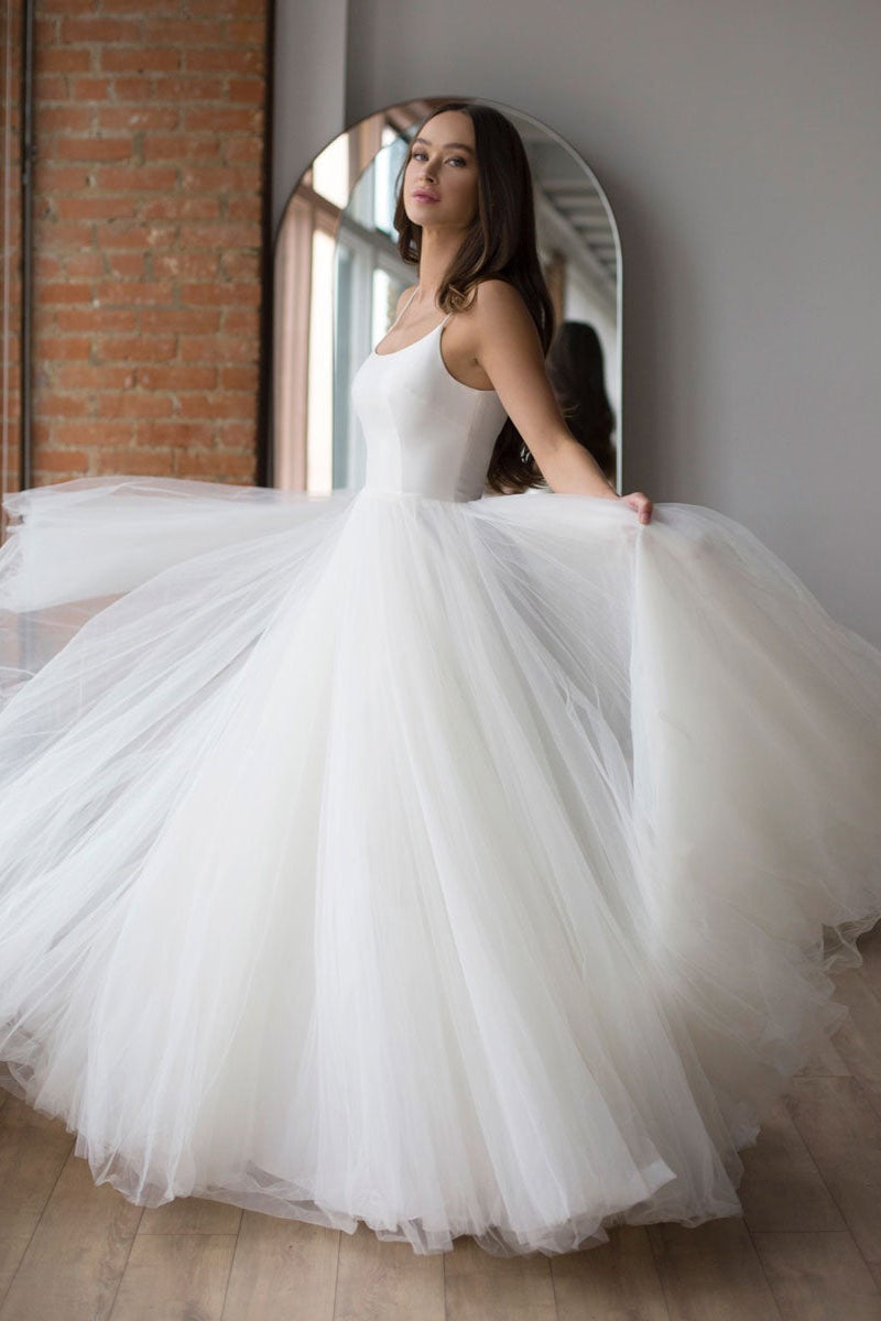 Spaghetti Strap Long Tulle Wedding Dress BM bride