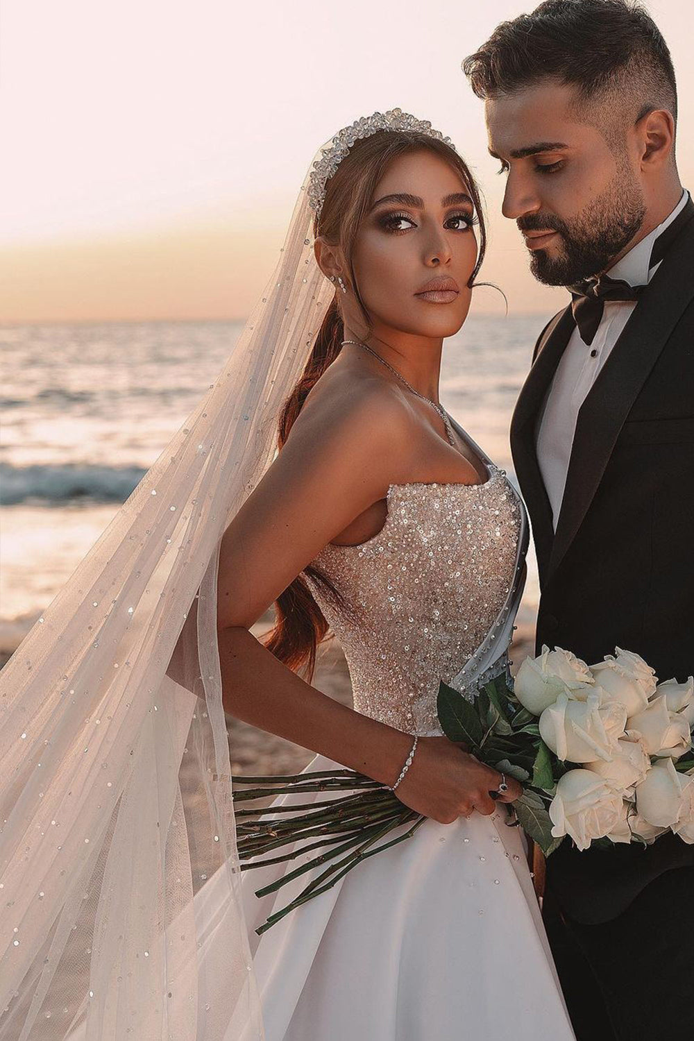 Charming One-Shoulder Long Sleeve A-Line Wedding Dress with Sequins BM bride