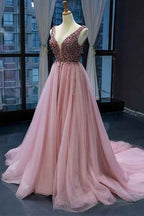 Pink V Neck Mermaid Sleeveless Prom Dress With Beading On Sale