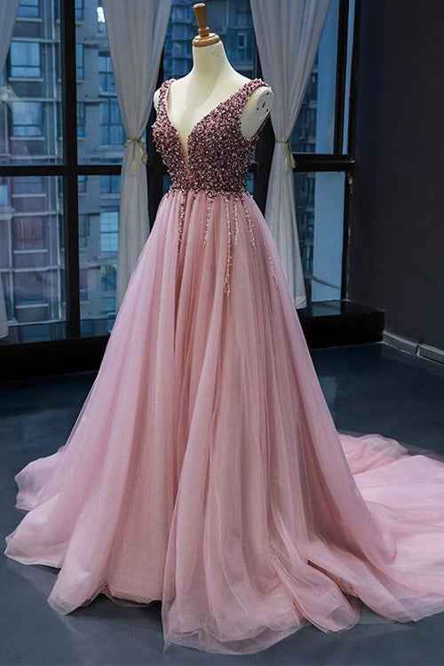Pink V Neck Mermaid Sleeveless Prom Dress With Beading On Sale