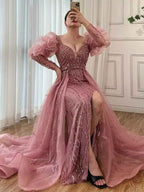 Retro Dusk Bead Embroidery Long Bubble Sleeves Split Long Prom Dress