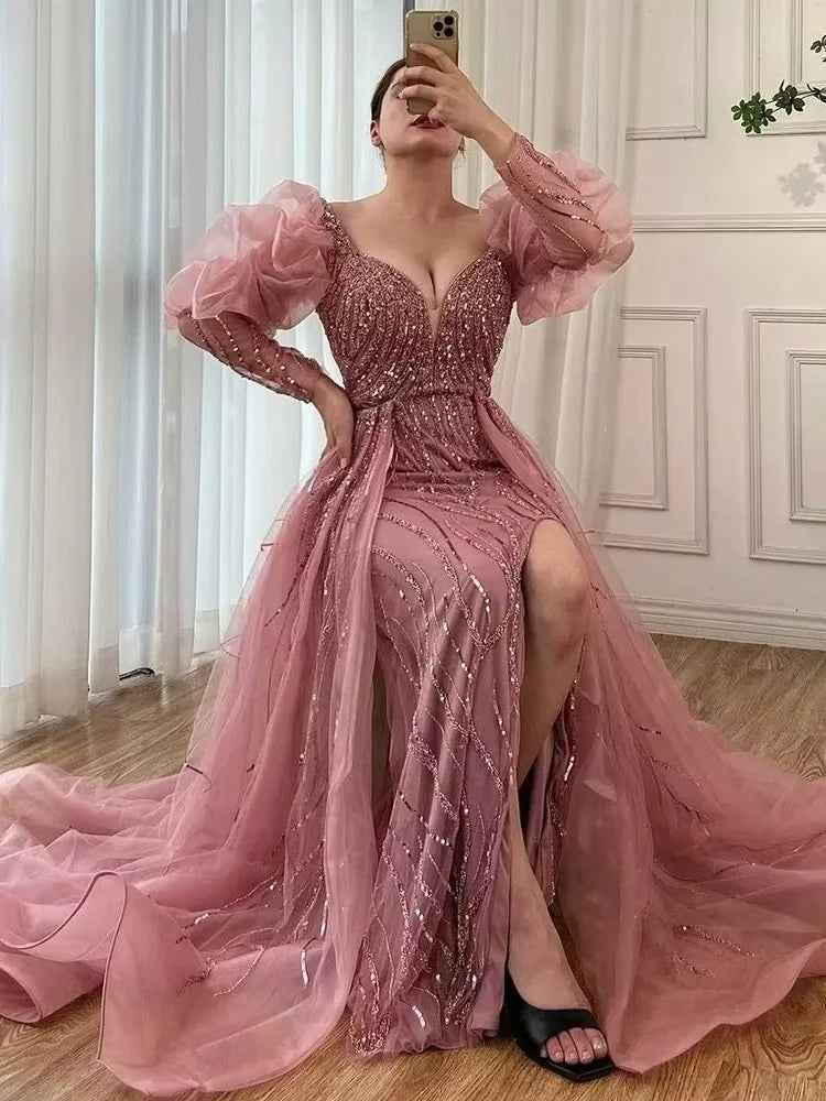 Retro Dusk Bead Embroidery Long Bubble Sleeves Split Long Prom Dress