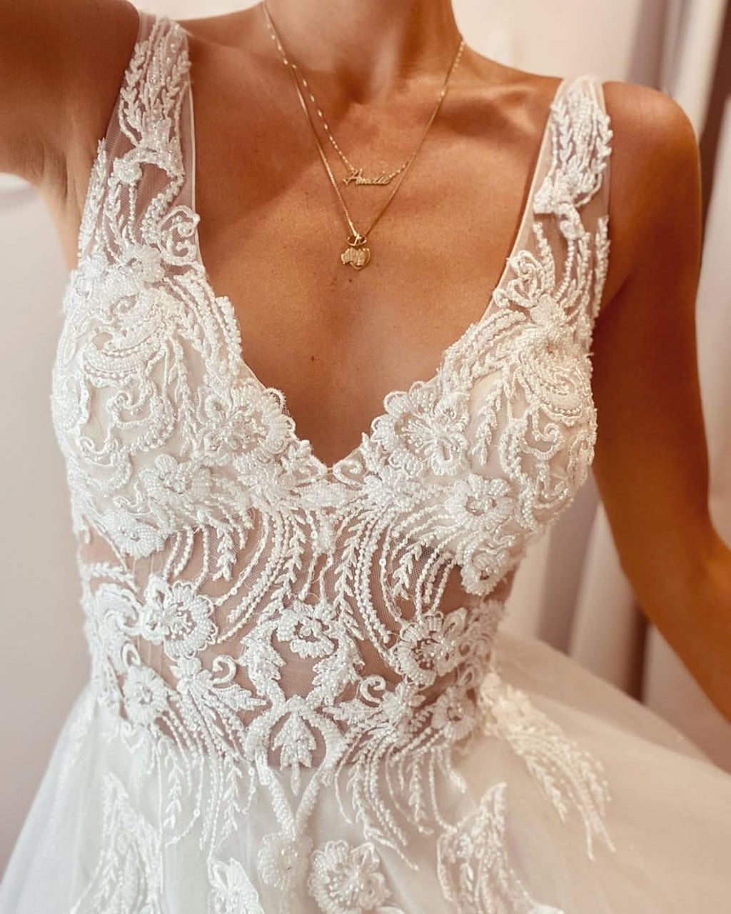 Elegant A-Line Deep V-Neck Backless Wedding Dress with Lace Appliques BM bride