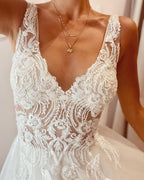 Elegant A-Line Deep V-Neck Backless Wedding Dress with Lace Appliques BM bride