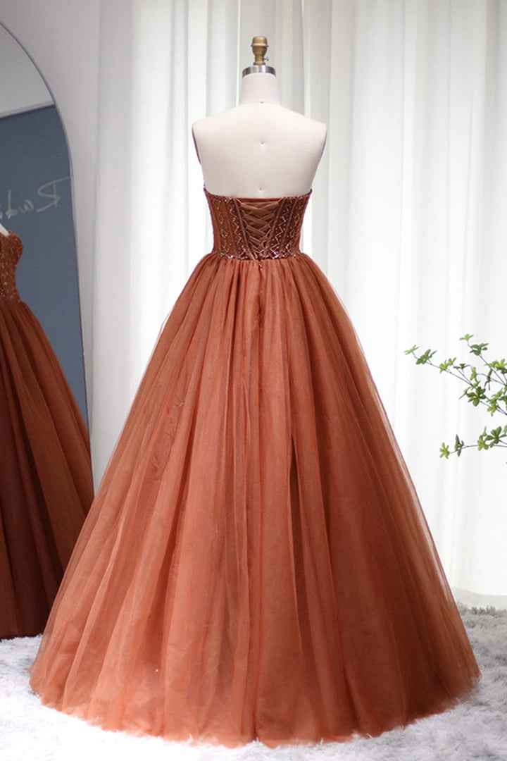 A Line Strapless Prom Dress Floor Length Tulle With Appliques