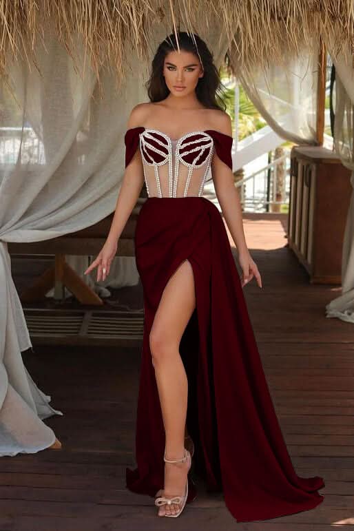 Champagne Off-The-Shoulder Mermaid Prom Dress with Beadings Split Ruffles BM bride