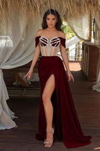 Champagne Off-The-Shoulder Mermaid Prom Dress with Beadings Split Ruffles BM bride
