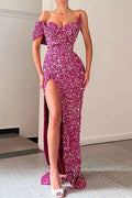 Purple One Shoulder Sleeveless Mermaid Sweetheart Prom Dress With Split