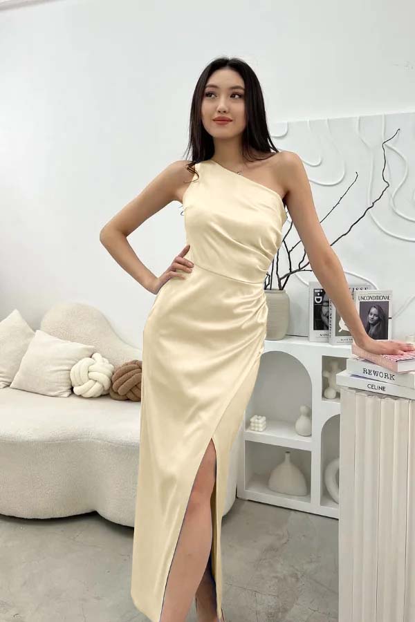 Chic Sleeveless One Shoulder Long Prom Dress With Pleated Split BMBRIDE