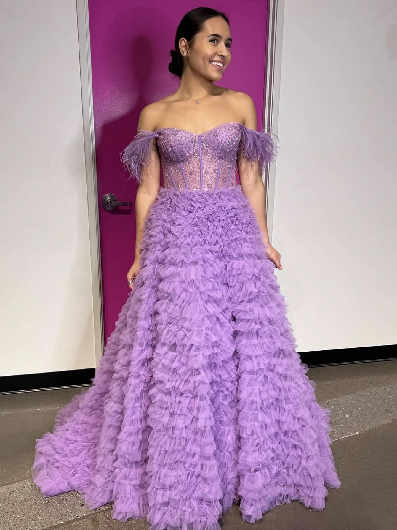 Sweet A-Line Sweetheart Tiered Tulle Long Prom Dress with Slit BM bride