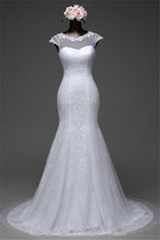 Jewel Neck Long Mermaid Lace Wedding Dress with Tulle Overskirt BM bride