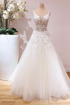 Spaghetti Strap A-Line Floor-Length Wedding Dress with Lace Tulle Appliques BM bride