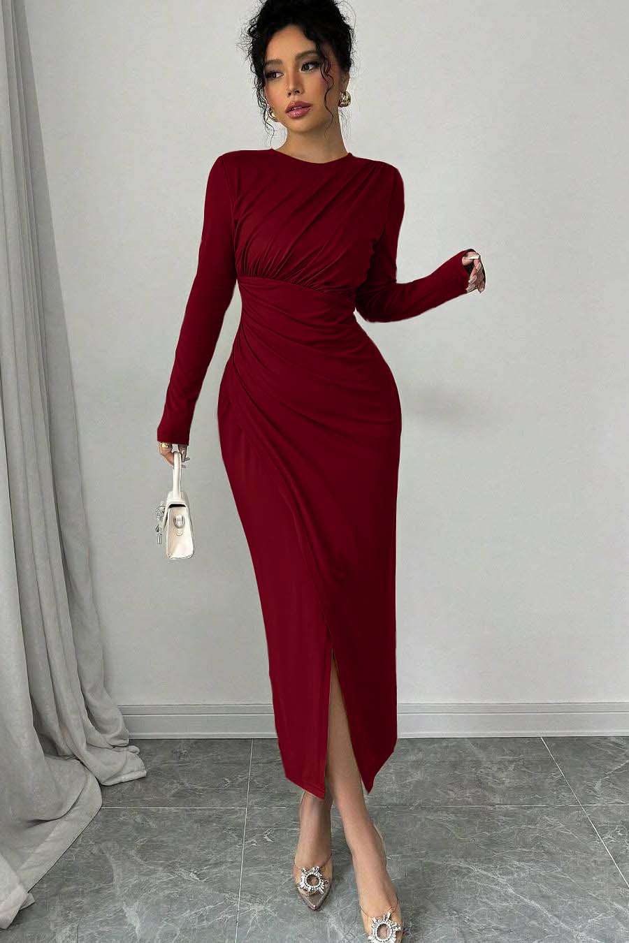 Long Sleeves Jewel Neck Tea Length Prom Dress With Split Pleated BMBRIDE