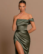 Charming Sage Green Off-The-Shoulder Evening Dress with Ball Gown and Pleated Slit BM bride