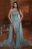 Elegant Straps Mermaid Evening Dress with Sequins, Tulle, and Split Beads BM bride